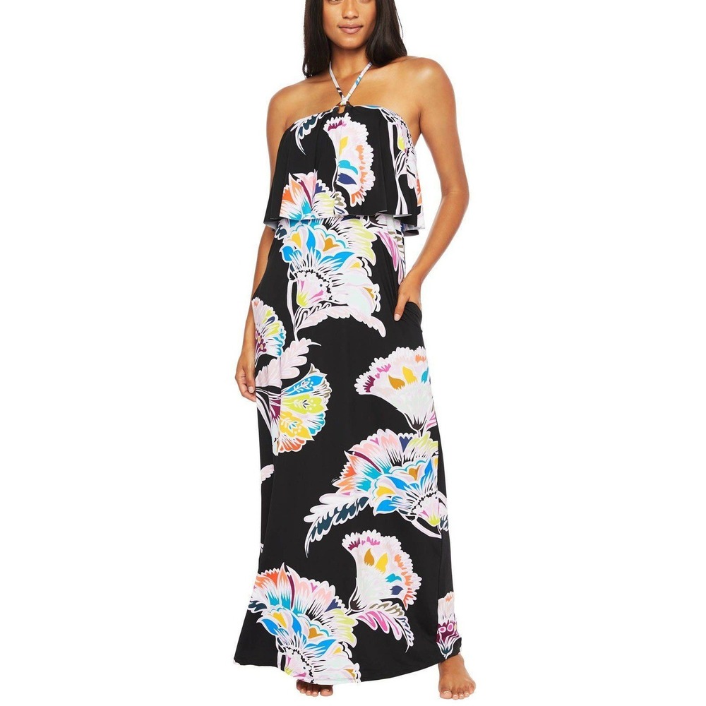 Trina Turk Floral Bandeau Ruffle Halter Maxi Dress Swim Coverup L Resort Beach